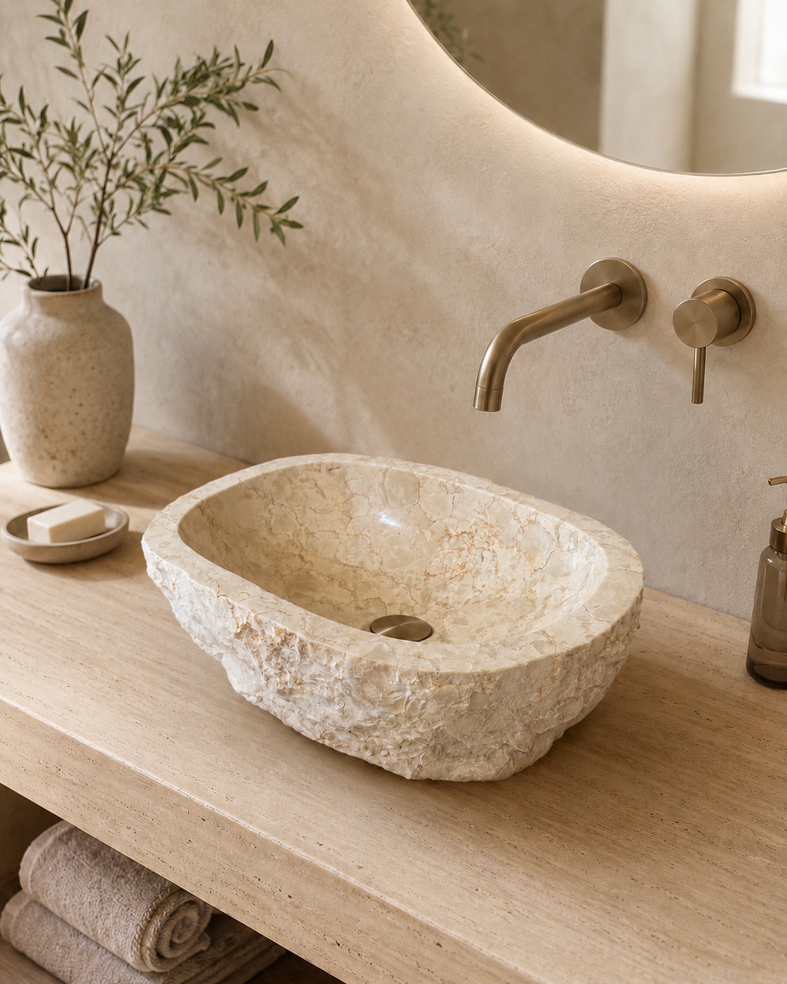 Marmor Waschbecken Beige – Badezimmer Gäste-WC Waschraum – Aufsatzwaschbecken Oval oder Rund aus Marmor - verschiedene Ausführungen
