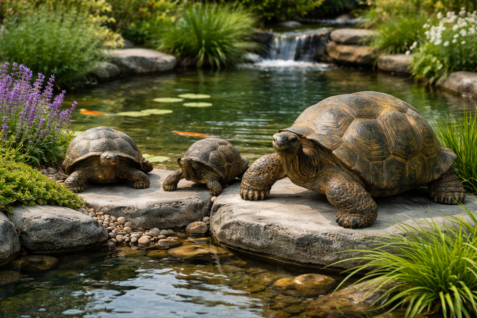 Stone Turtles – Pool, Garden, Terrace – Durable and Weather-Resistant – Yellowish made of fiberglass concrete – 32, 47 and 65 cm