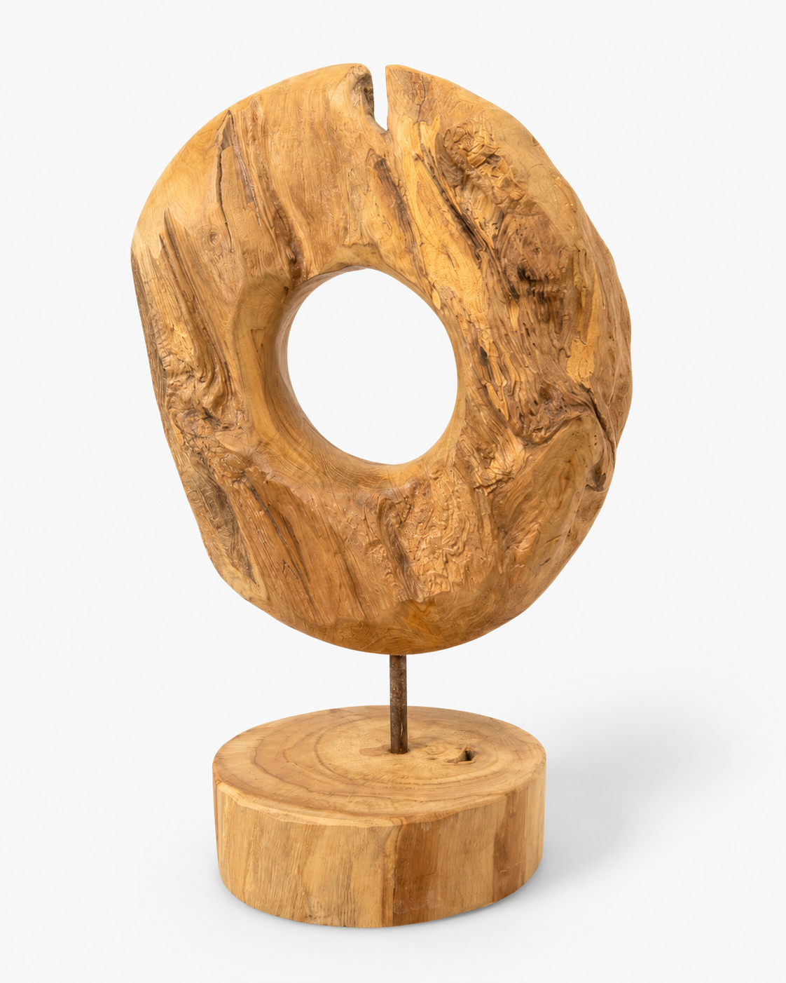 Unique piece: Teak wood decorative ring on a stand – Solid natural wood one-of-a-kind item for living room & office