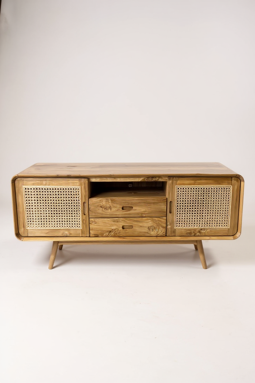 Meuble TV bas en rotin – Avec deux tiroirs et trois étagères – Teck massif – 60 x 150 x 45 cm