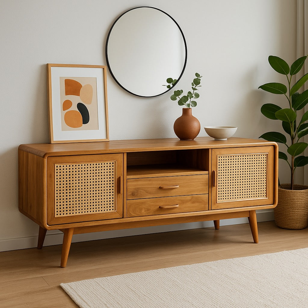 Rattan TV-Bank – Fernsehkommode Lowboard – Mit zwei Schubladen und drei Abstellflächen – Massiv Teakholz – 60x150x45 cm