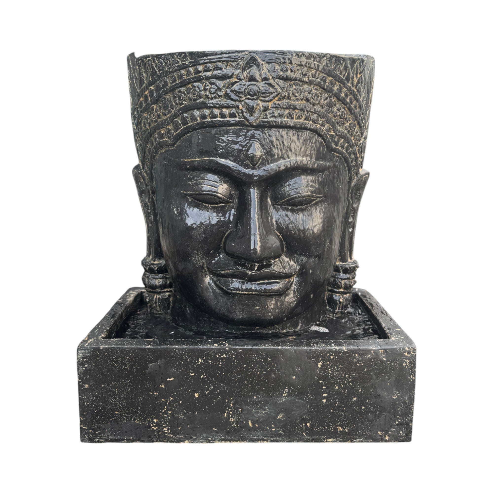 Khmer Kopf Springbrunnen - Garten Deko Wasserfall - Wetterfest - Steinguss Buddha Wasserspiel - 57x48,5x28 cm