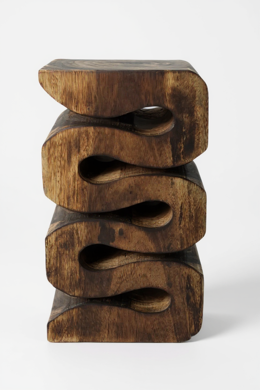 Holzhocker - Beistelltisch Blumenhocker Ablagetisch - Handgefertigt  - Flambiert Schlange aus massivem Suarholz- 50x30x30 cm