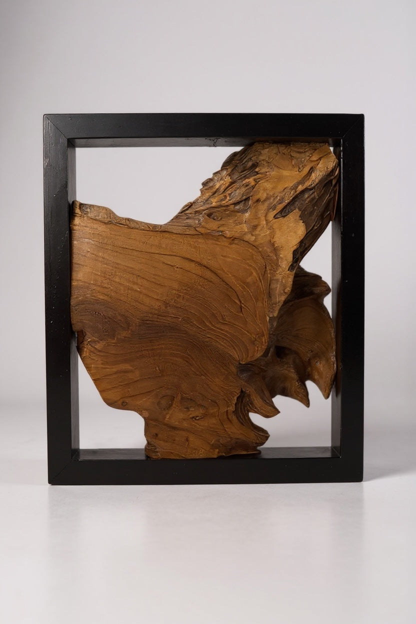 Wanddekoration aus Teakholz mit schwarzem Rahmen – handgefertigtes Massivholz Unikat - moderne Wandkunst aus Naturholz - 40x40x3,5 cm