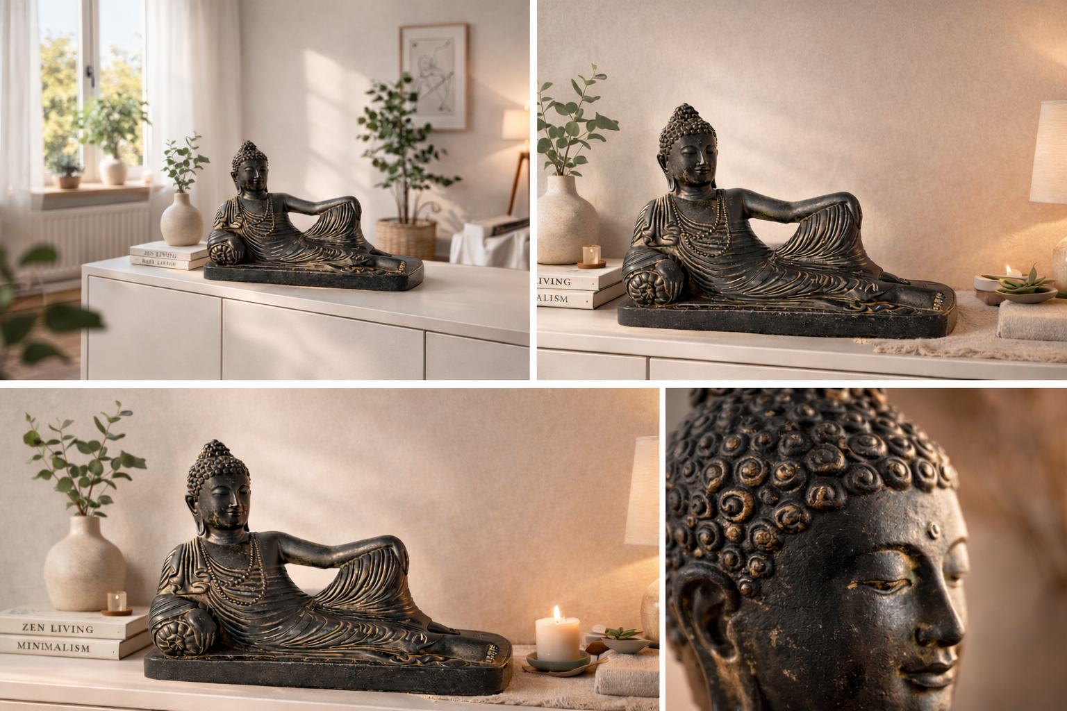 Lying Buddha Sculpture - Garden Terrace Living Room Decor - Weatherproof - Stone Figurine Meditation Black Gold - 30x35x15 cm