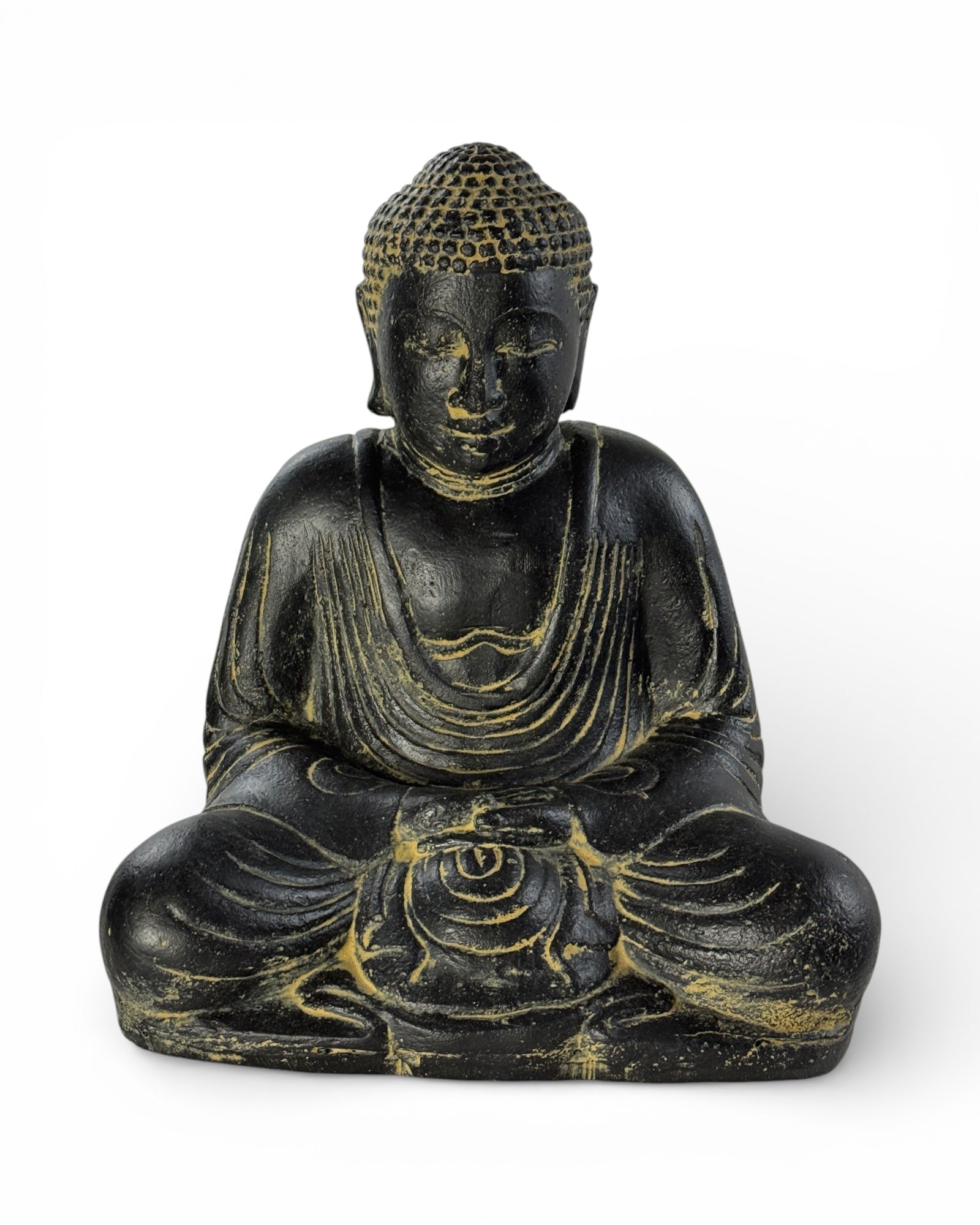Buddha Skulptur sitzend – Garten Terrasse Balkon Deko – Wetterfest – Stein Figur Meditation schwarz gold – 30x26x20 cm