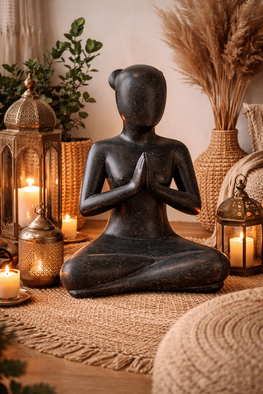 Yoga Figur sitzend Namaste – Wohnzimmer Studio Regal Deko – Wetterfest – Steinoptik Meditation Skulptur schwarz – in 3 Größen