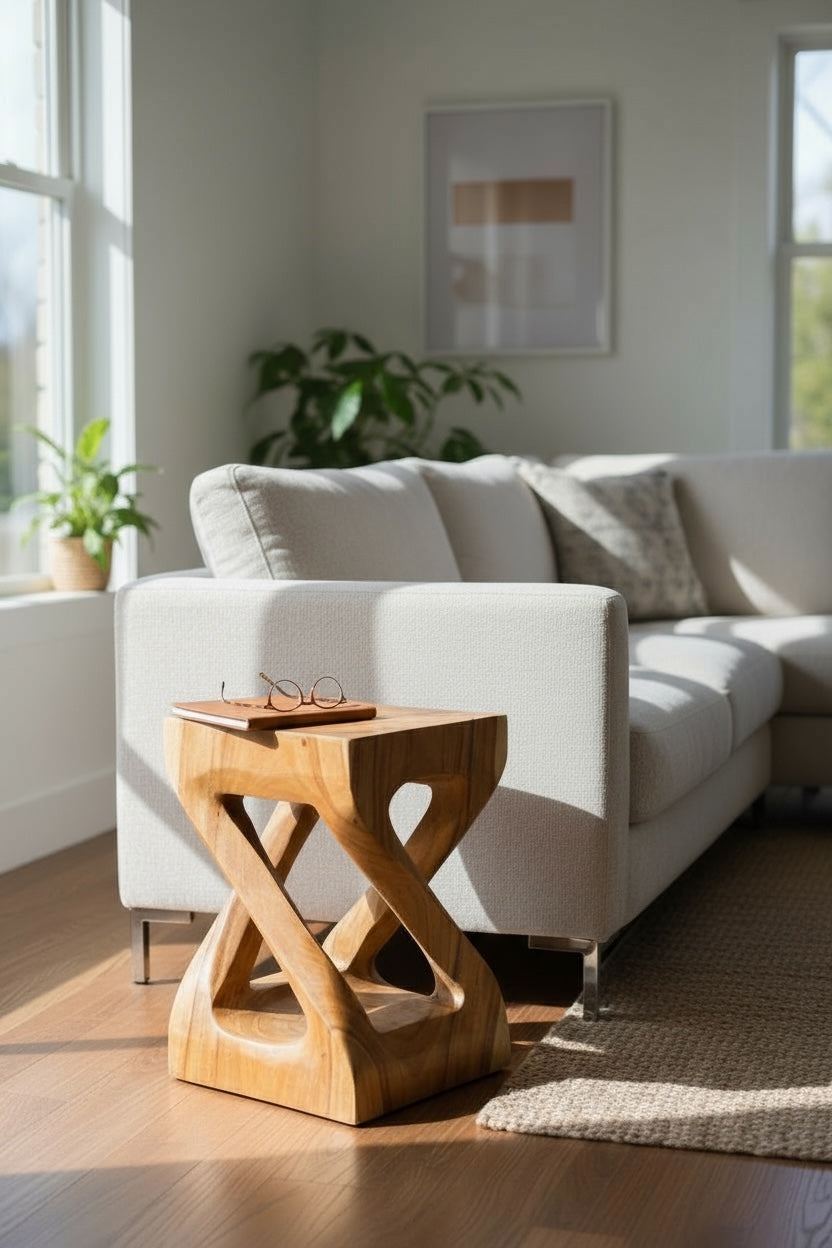 Table d'appoint en bois - table basse tabouret en bois - fait main - tourné angulairement en bois de suar massif - 50x28x28 cm