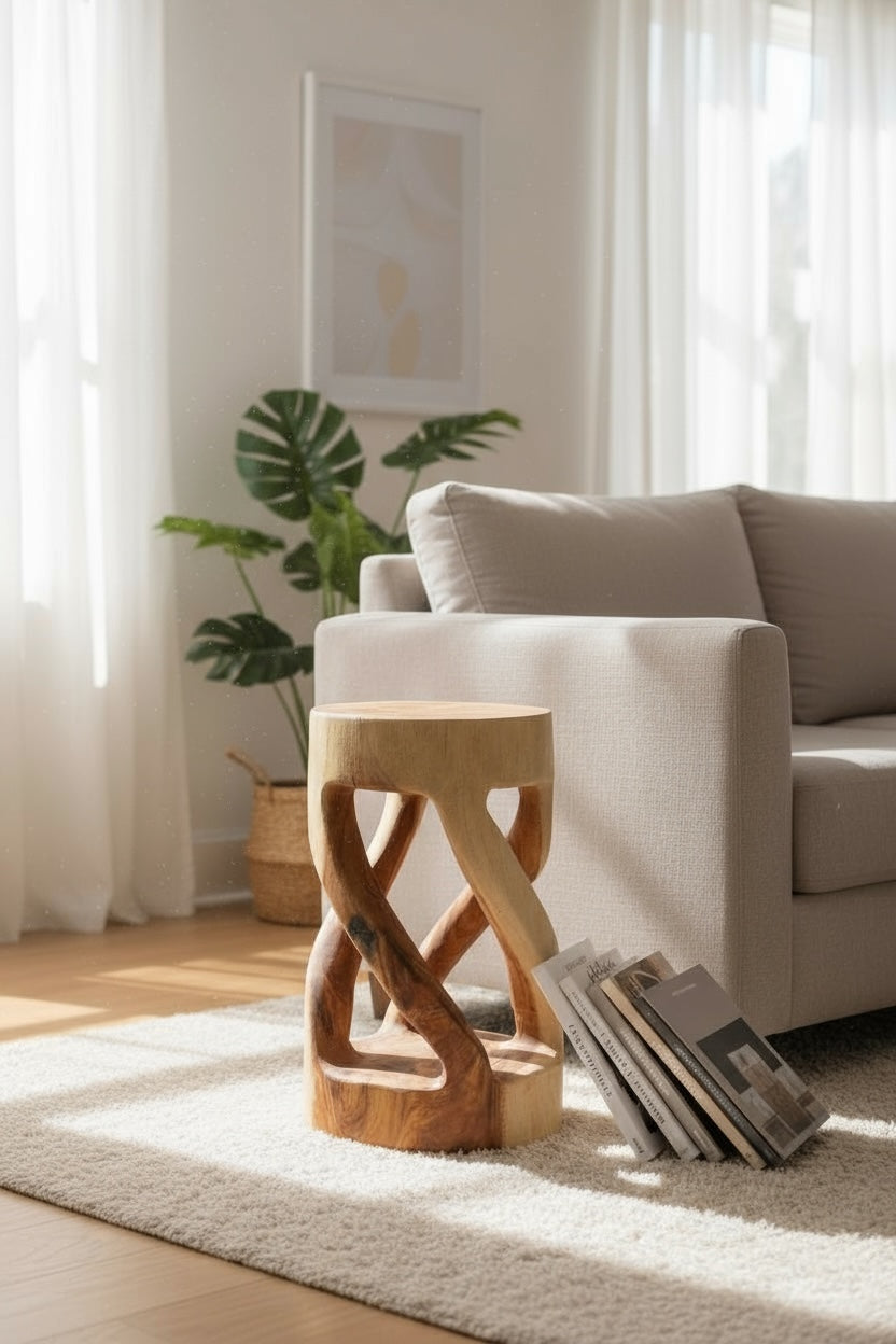 Wooden stool - side table, flower stool, storage table - unique, handmade - round, turned from solid Suar wood - 50x28x28 cm