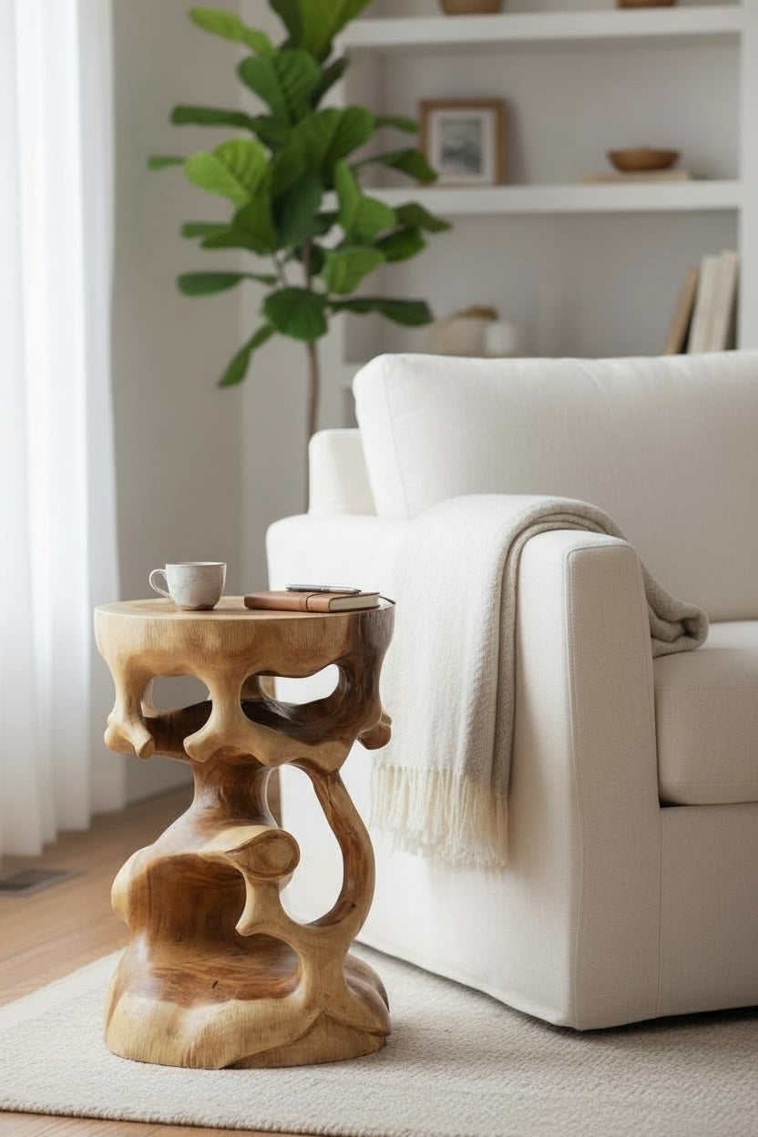 Holz Beistelltisch - Holzhocker Blumenhocker Hocker - Handgefertigt - Rund in Bonsai Style Saman-Holz - 40x30x30 cm