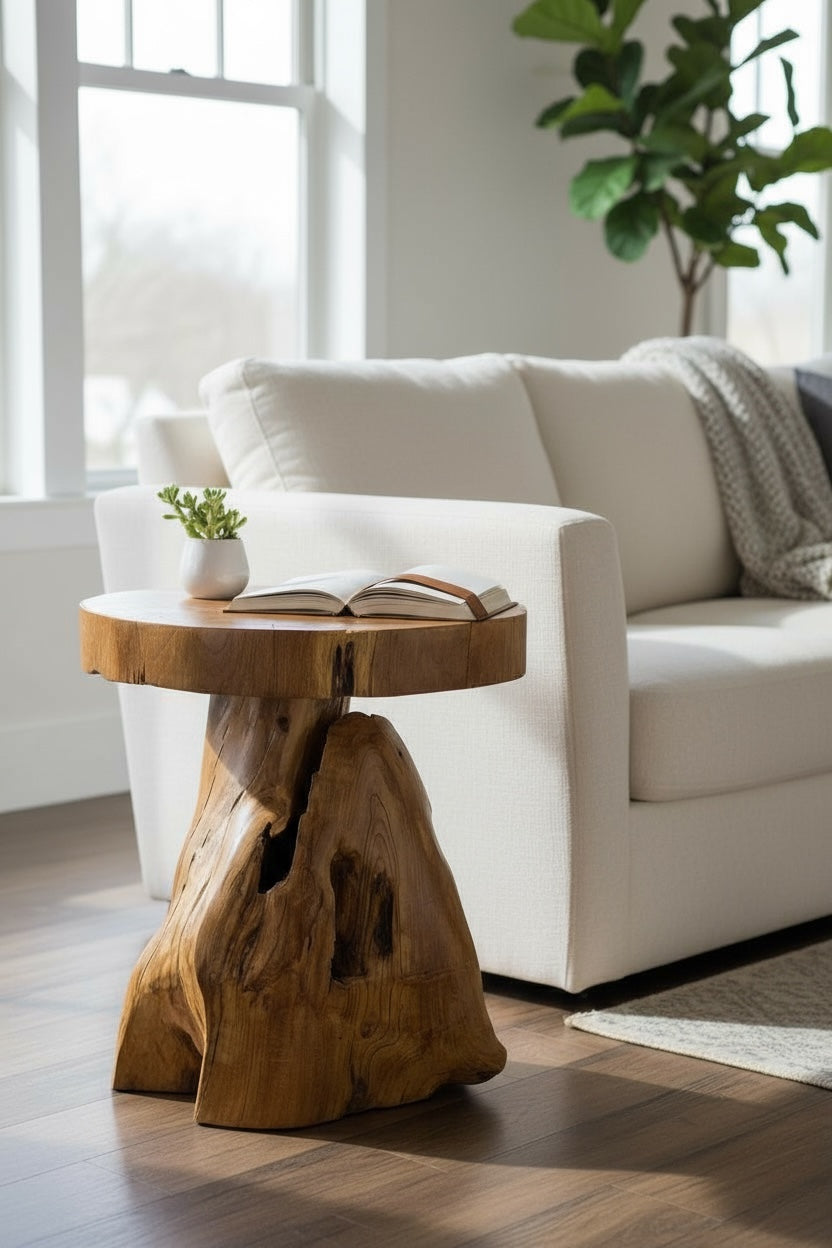 Tabouret en bois – table d’appoint, tabouret à fleurs, table de rangement – fait main – forme naturelle en teck massif – 45x40x40 cm