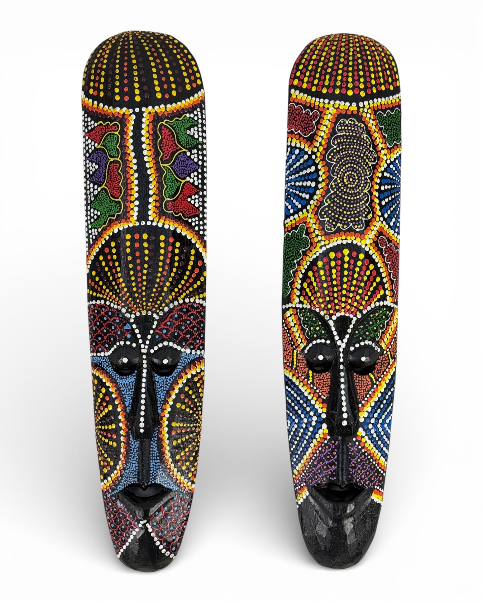 Unique piece: Handmade teakwood mask with a colorful polka dot pattern