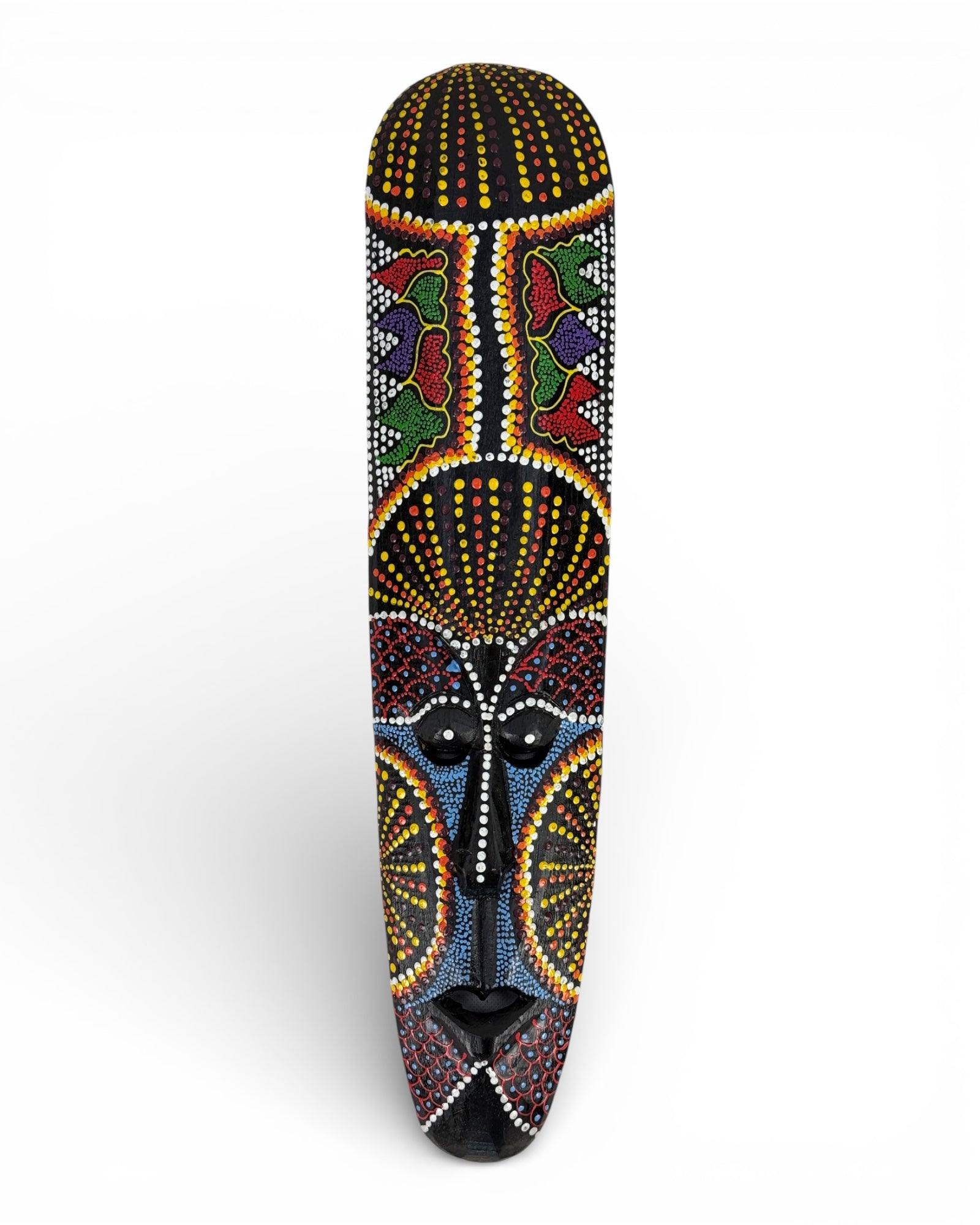 Unique piece: Handmade teakwood mask with a colorful polka dot pattern