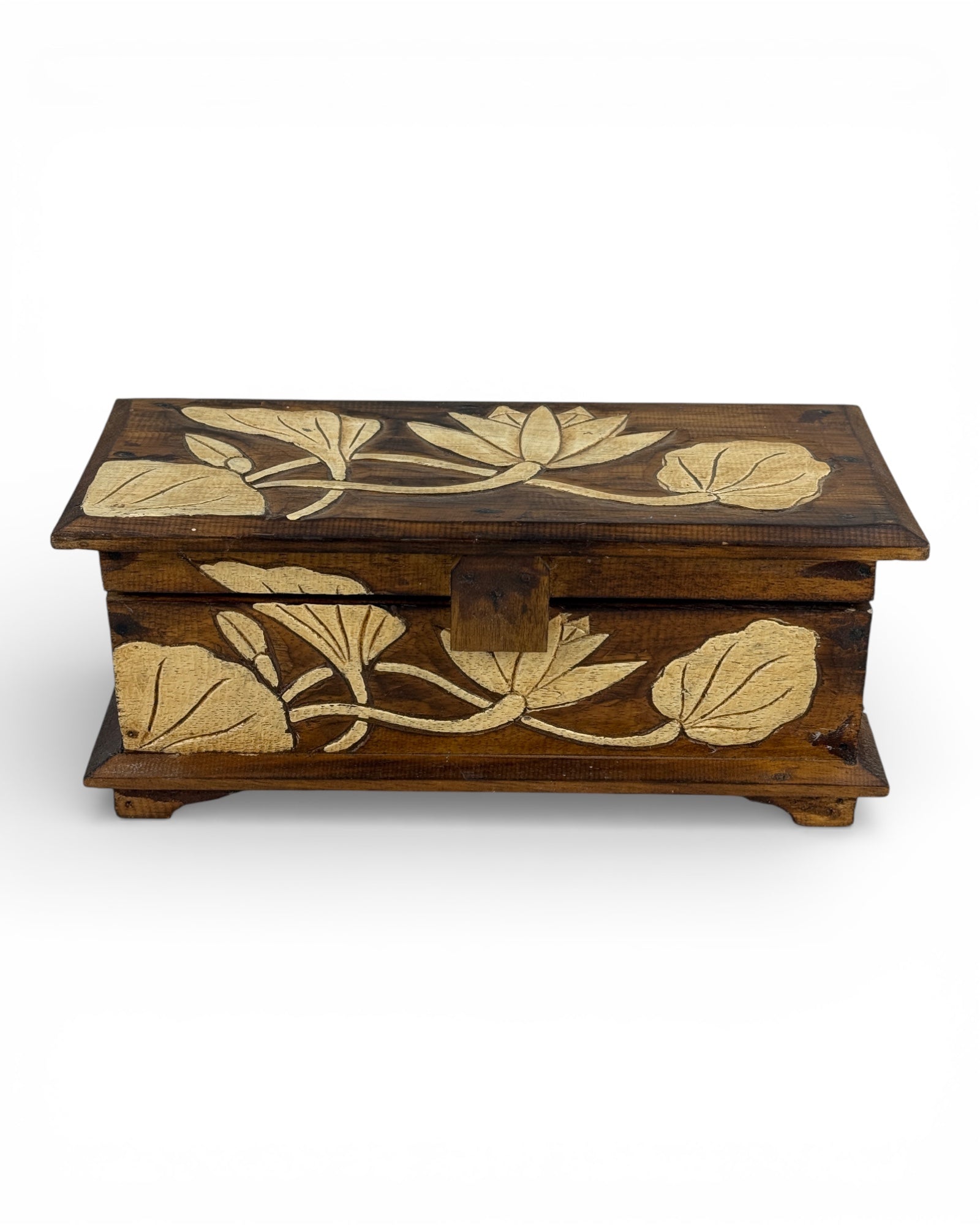 Unique piece: Decorative teak wood chest with floral decoration - 37.5 × 16 × 16 cm