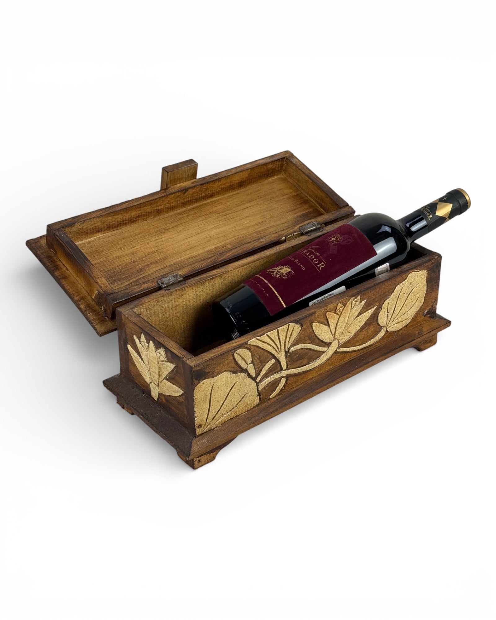 Unique piece: Decorative teak wood chest with floral decoration - 37.5 × 16 × 16 cm