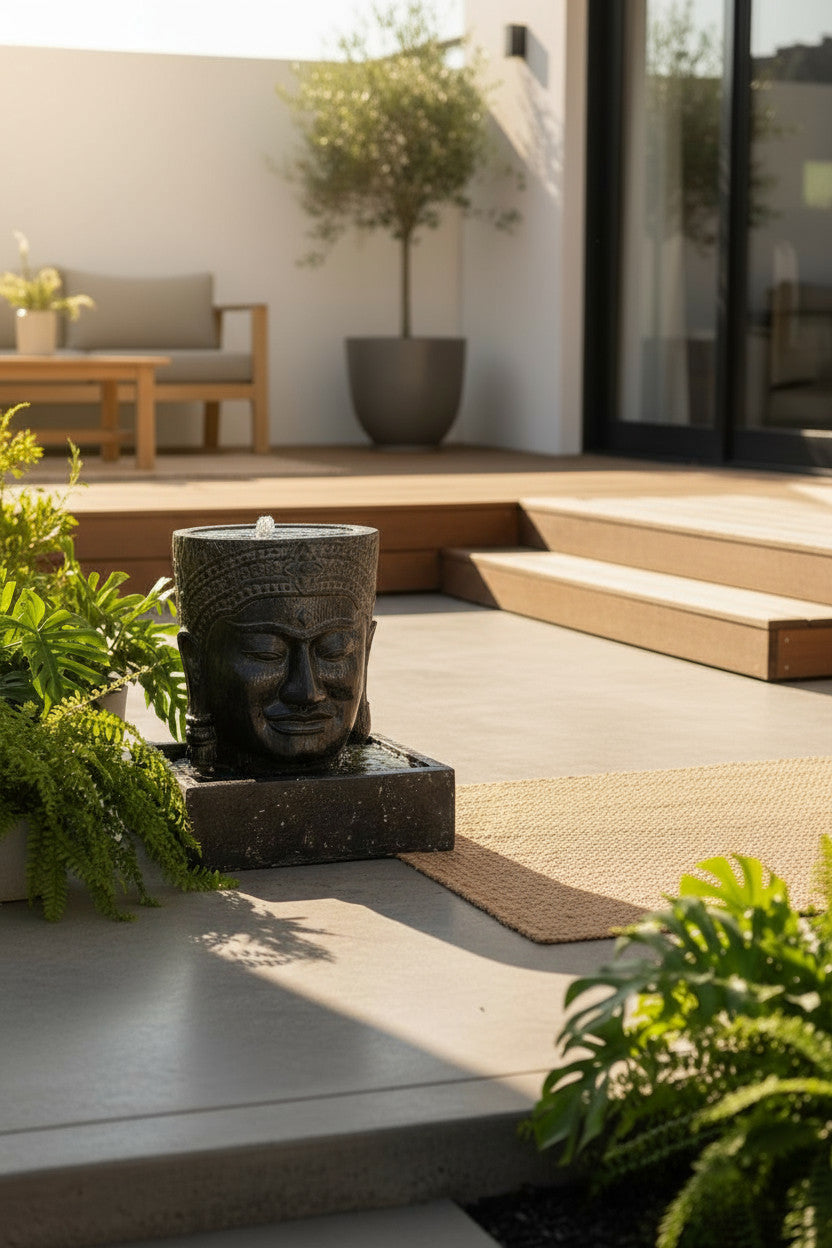 Khmer Kopf Springbrunnen - Garten Deko Wasserfall - Wetterfest - Steinguss Buddha Wasserspiel - 57x48,5x28 cm