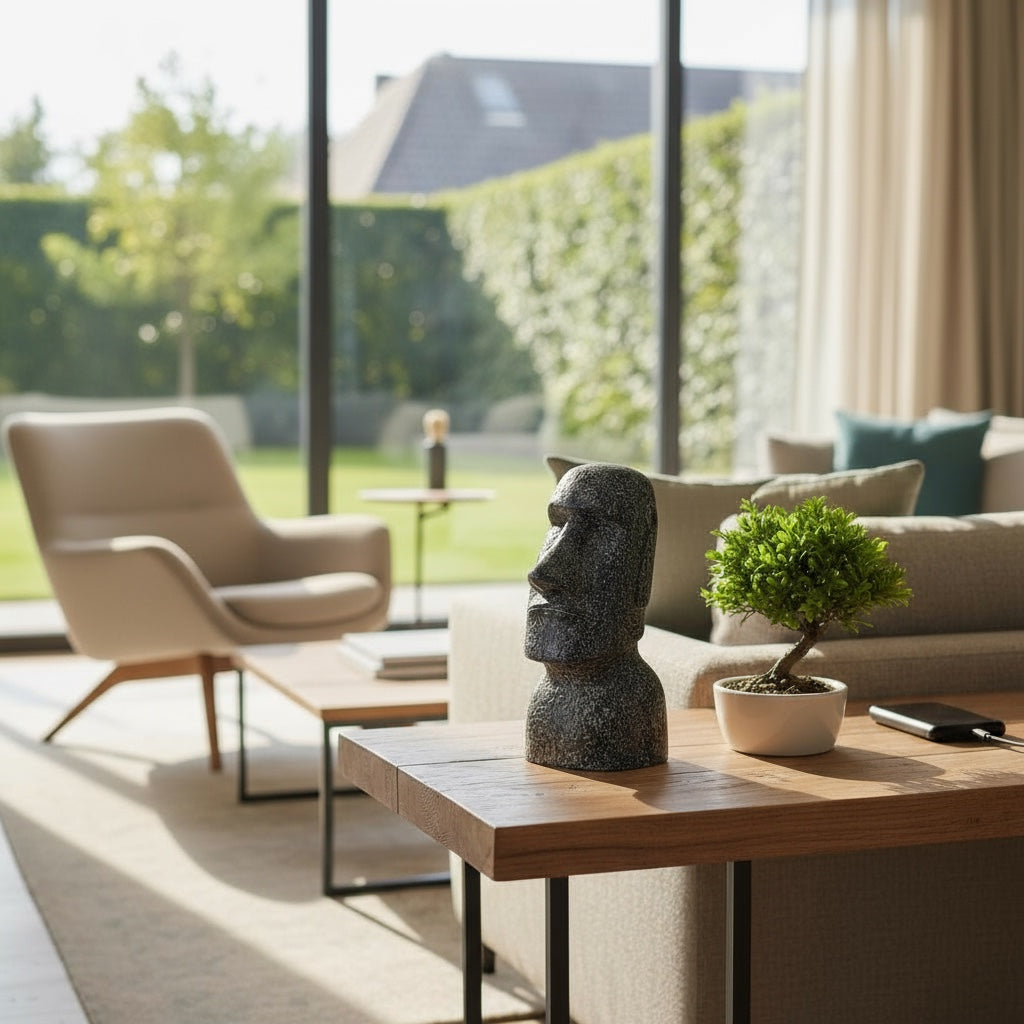 Statue de tête de Moaï - Sculpture décorative de jardin - Résistante aux intempéries - Figurine de l'île de Pâques Rapa Nui en béton de fibre de verre gris - 40x20x15 cm