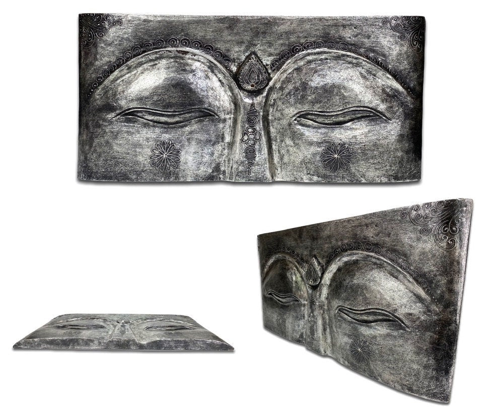 Yeux de Bouddha - Tableau mural - Bois à relief rainuré - Bois d'Albasia gris - 78x40x4 cm