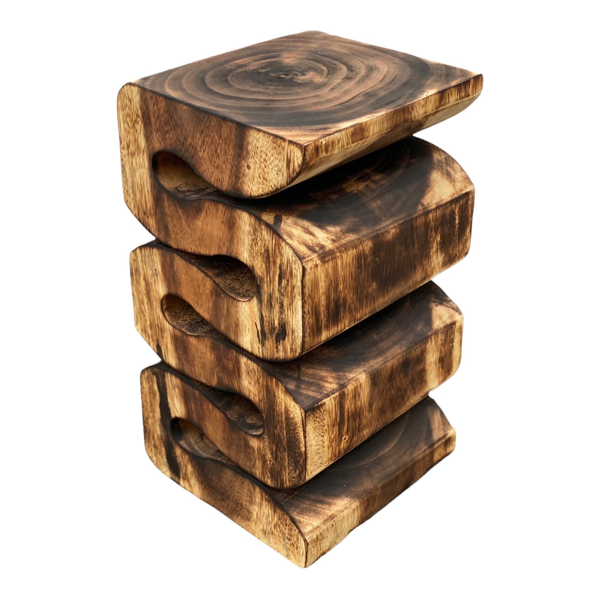 Holzhocker - Beistelltisch Blumenhocker Ablagetisch - Handgefertigt - Flambiert Schlange aus massivem Suarholz- 50x30x30 cm
