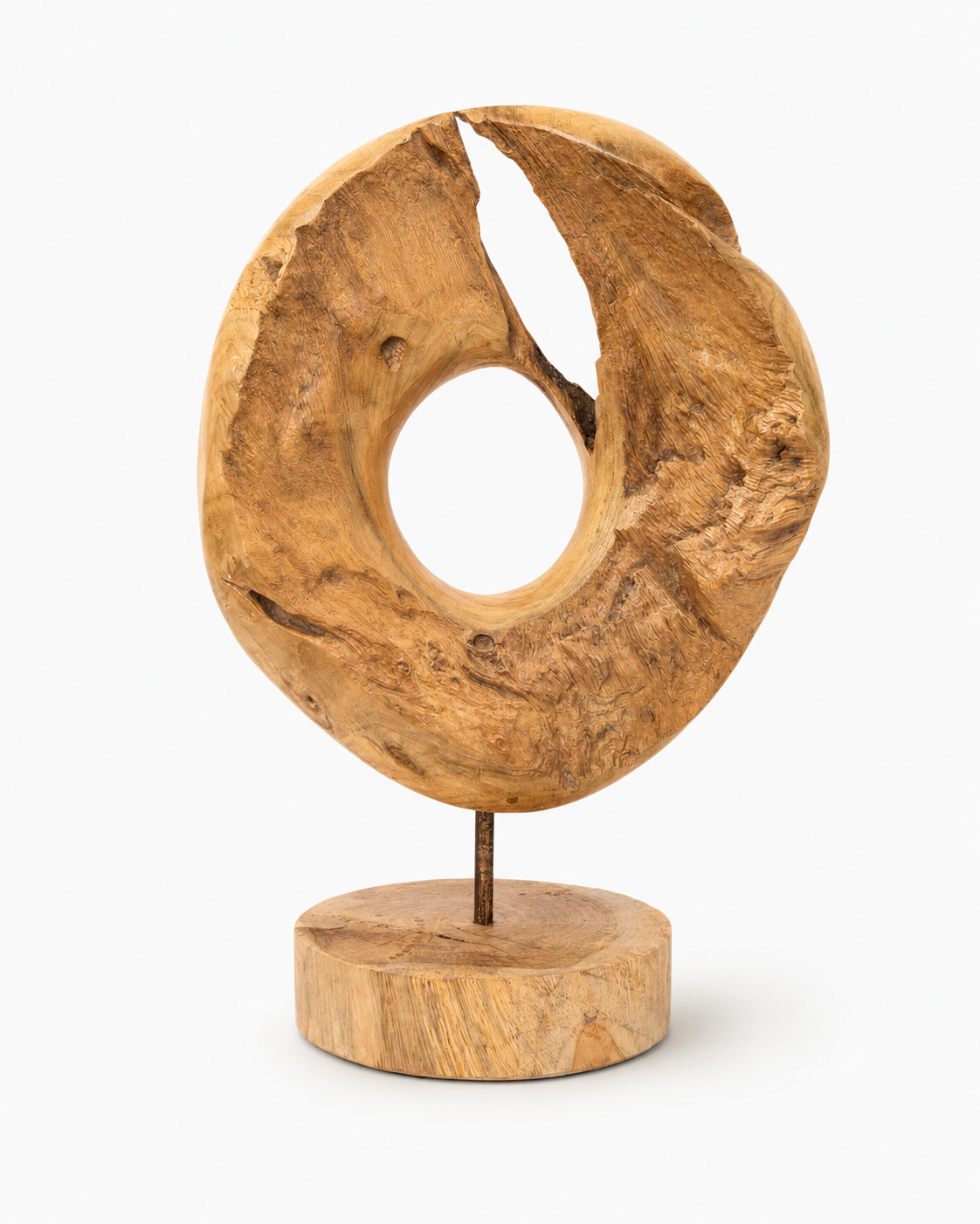Unique piece: Teak wood decorative ring on a stand – Solid natural wood one-of-a-kind item for living room &amp; office