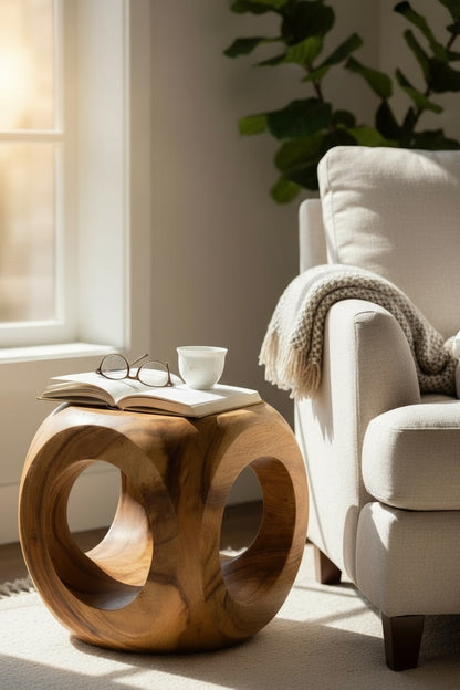 Wooden stool – Modern with round cutout – Cube shape made of solid