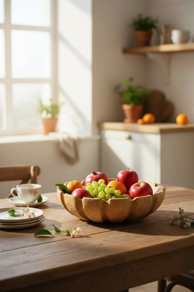 Round wooden bowl in flower shape – handmade solid wood bowl, decorative fruit bowl &amp; home accessory - Ø45 cm