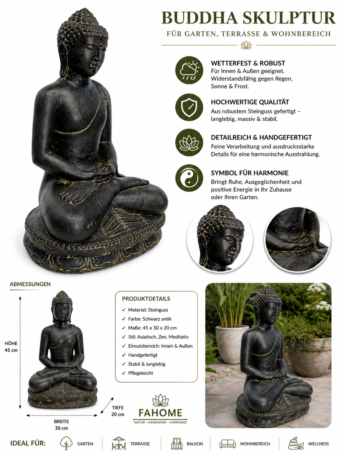 Stein Buddha Skulptur – Sitzende Buddha Figur – Schwarz-Gold – Handgefertigt, dekorativ und ausdrucksstark – 45x30x20 cm