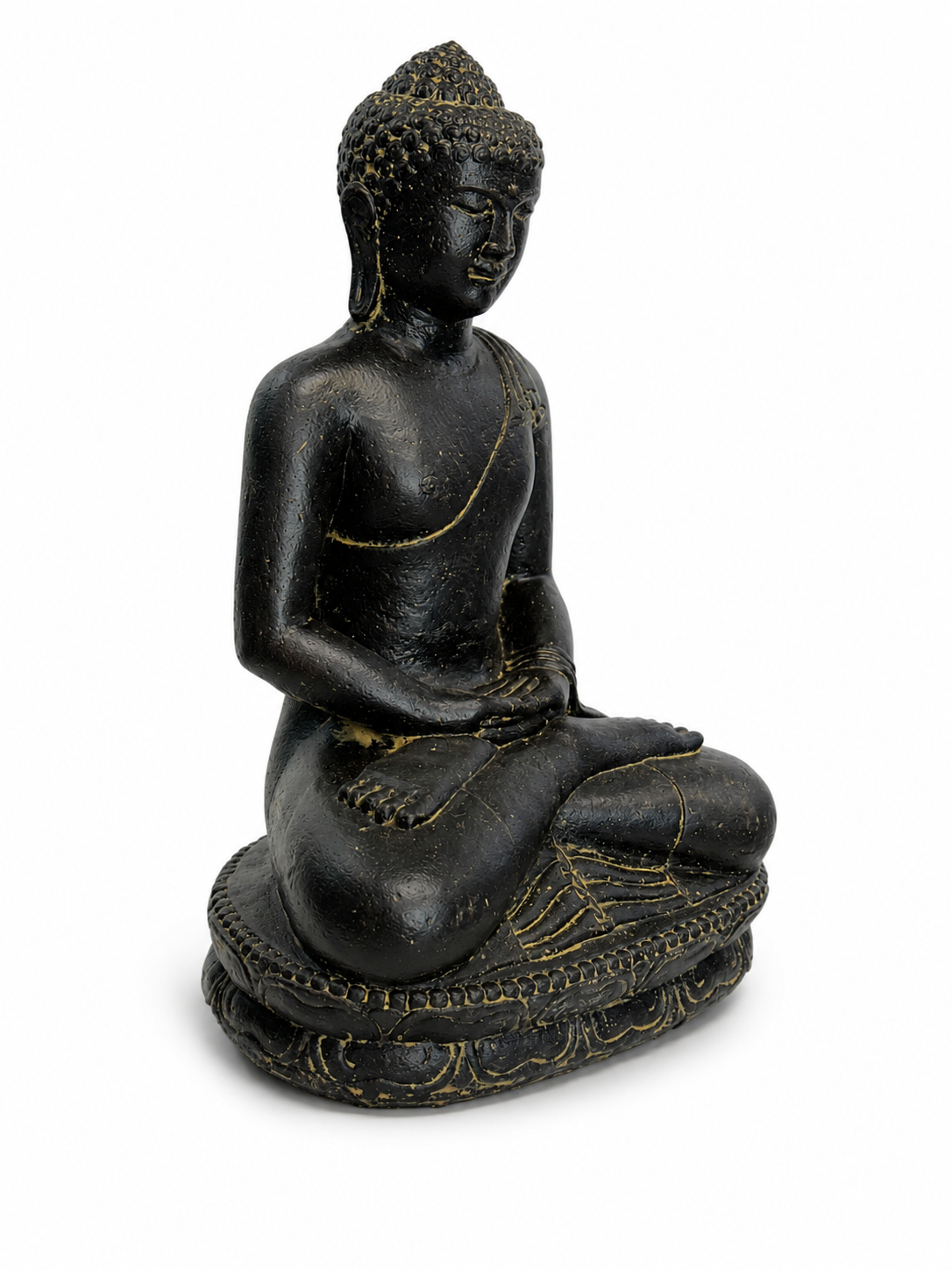 Stein Buddha Skulptur – Sitzende Buddha Figur – Schwarz-Gold – Handgefertigt, dekorativ und ausdrucksstark – 45x30x20 cm