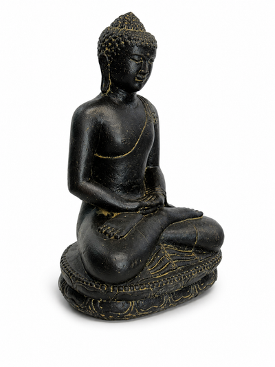 Stein Buddha Skulptur – Sitzende Buddha Figur – Schwarz-Gold – Handgefertigt, dekorativ und ausdrucksstark – 45x30x20 cm