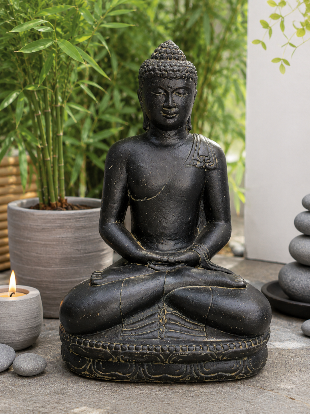 Stein Buddha Skulptur – Sitzende Buddha Figur – Schwarz-Gold – Handgefertigt, dekorativ und ausdrucksstark – 45x30x20 cm