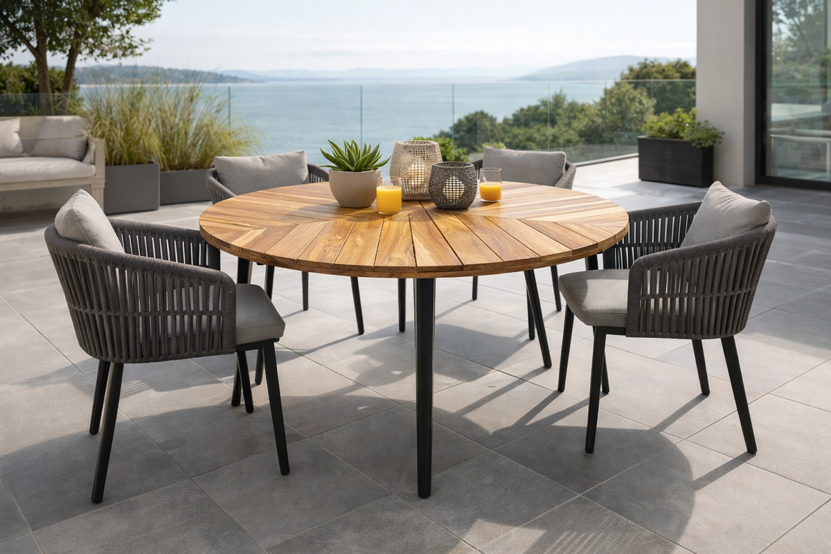 Runder Teakholz-Gartentisch Ø 150 cm – Handgefertigtes Unikat mit natü – FaHome