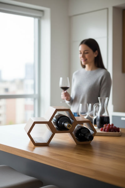 Wooden wine rack – wine holder bottle holder – kitchen living room bar – decorative honeycomb shape – made of teak wood for 3 bottles – 18 x 34 x 18 cm