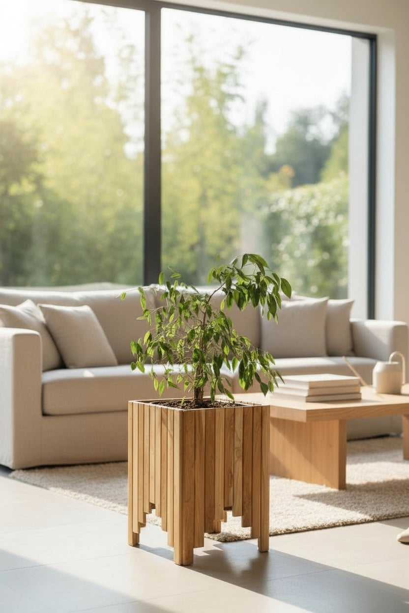 Jardinière en bois – jardinière de balcon – fait main – lattes verticales en bois – 45x35x35 cm