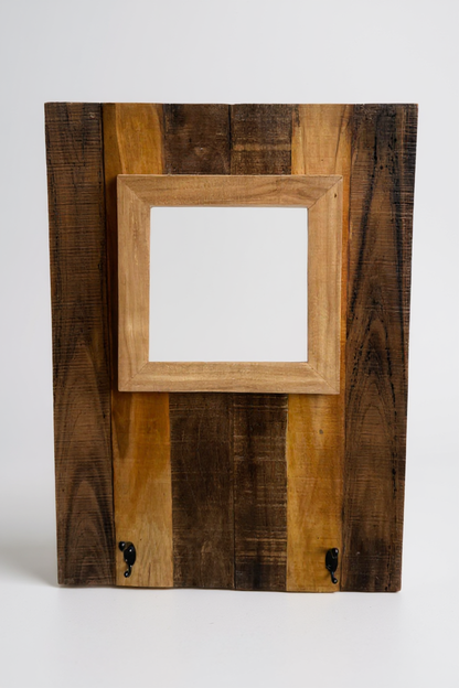 Wall-mounted coat rack with mirror - Integrated mirror with two hooks - Modern made of mahogany and teak - 70x50 cm