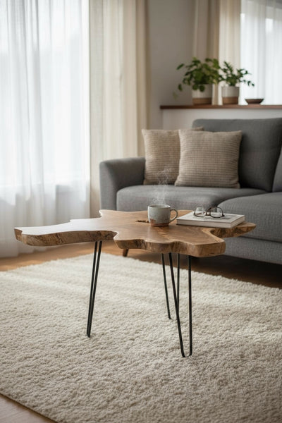 Wooden side table – coffee table storage table – handmade – tree cross-section table top made of yew wood – 40-80x40-60 cm