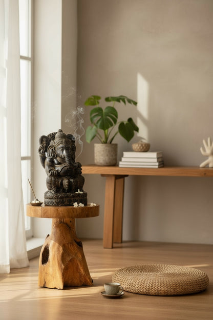 Sculpture de Ganesh - Décoration de pièce - Déité hindoue de la bonne chance - Mélange de pierres Éléphant jaune - 45x25x25 cm