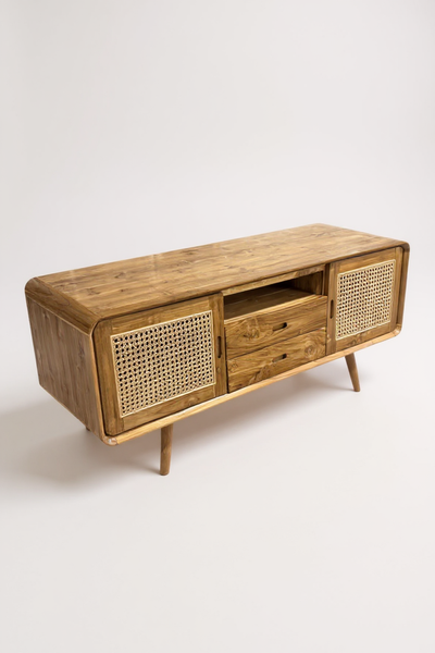 Meuble TV bas en rotin – Avec deux tiroirs et trois étagères – Teck massif – 60 x 150 x 45 cm