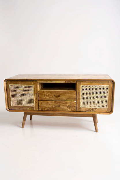 Meuble TV bas en rotin – Avec deux tiroirs et trois étagères – Teck massif – 60 x 150 x 45 cm