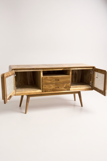 Meuble TV bas en rotin – Avec deux tiroirs et trois étagères – Teck massif – 60 x 150 x 45 cm