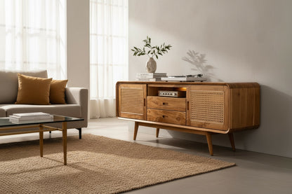 Meuble TV bas en rotin – Avec deux tiroirs et trois étagères – Teck massif – 60 x 150 x 45 cm