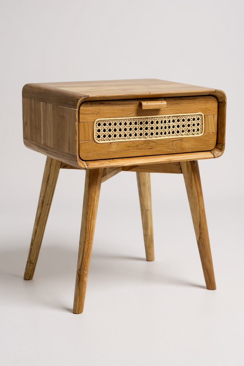 Table d'appoint en rotin – table de chevet – élégante avec tiroir – aspect vintage fait main en teck – 60x50x40 cm