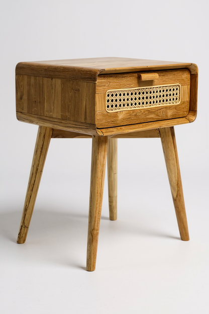 Table d'appoint en rotin – table de chevet – élégante avec tiroir – aspect vintage fait main en teck – 60x50x40 cm