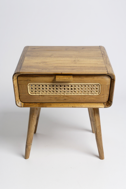 Table d'appoint en rotin – table de chevet – élégante avec tiroir – aspect vintage fait main en teck – 60x50x40 cm