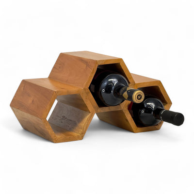 Holz Weinregal – Weinhalter Flaschenhalter - Küche Wohnzimmer Bar - Dekorative Honigwabenform – Aus Teakholz für 3 Flaschen – 18x34x18 cm - FaHome