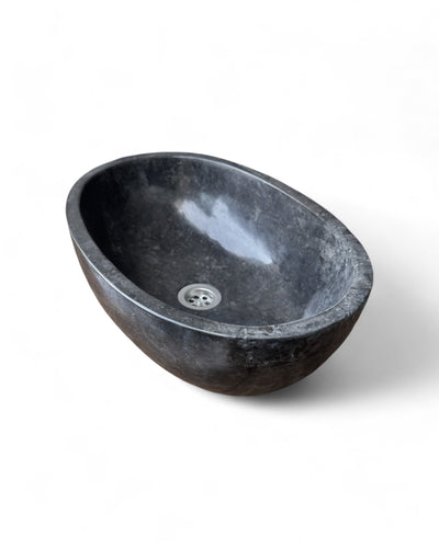 Lavabo en marbre – salle de bain WC invités salle d'eau – vasque à poser ovale en marbre noir - 15x45x30 cm