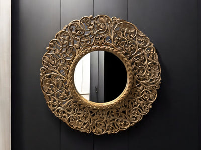 Teakholz Spiegel – Hängespiegel Wandspiegel – Handgeschnitzes Muster – 108 cm - FaHome