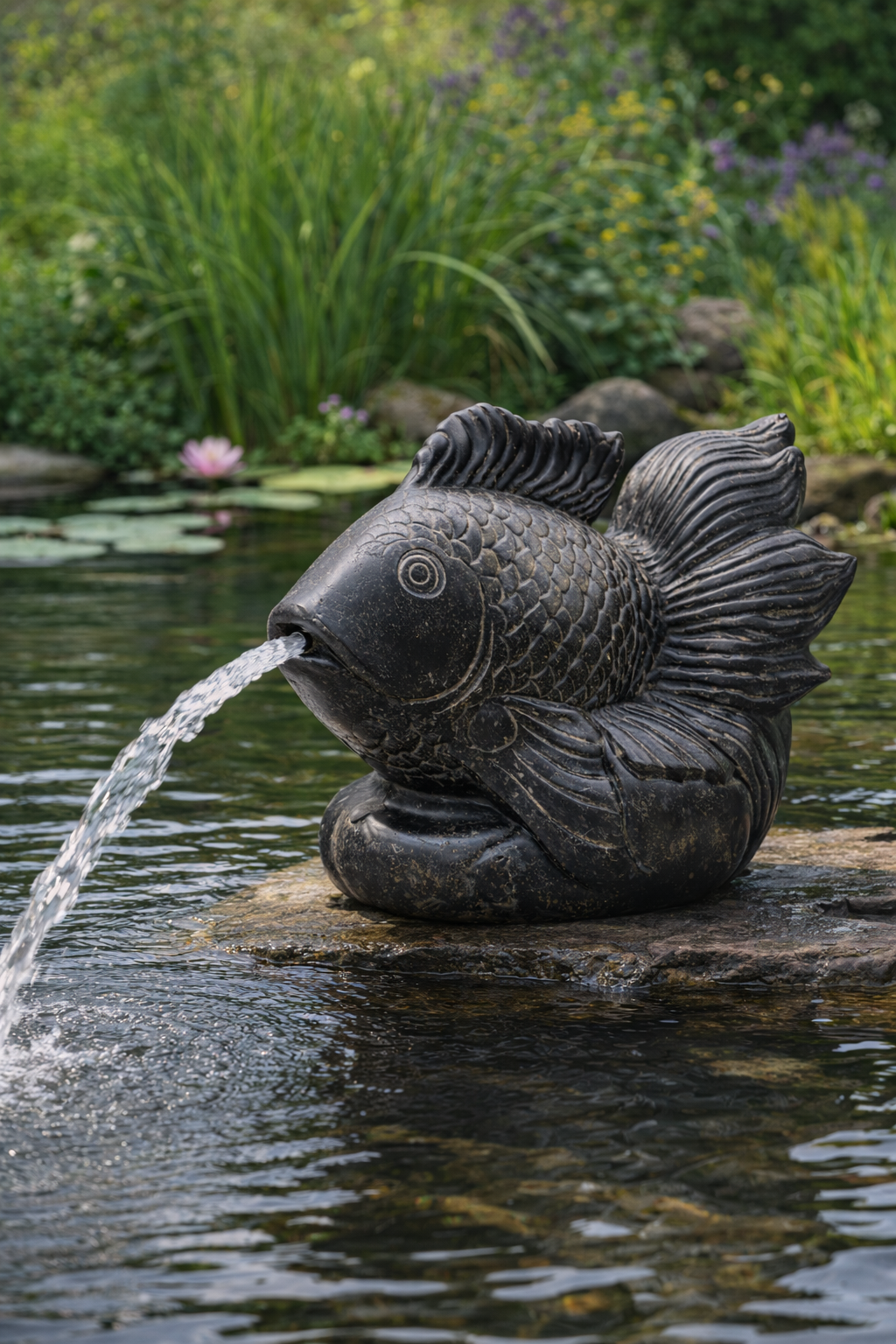 Koi Fisch Springbrunnen – Garten Terrasse Teich Deko – Wetterfest – Stein Figur Wasserspiel – 60 cm