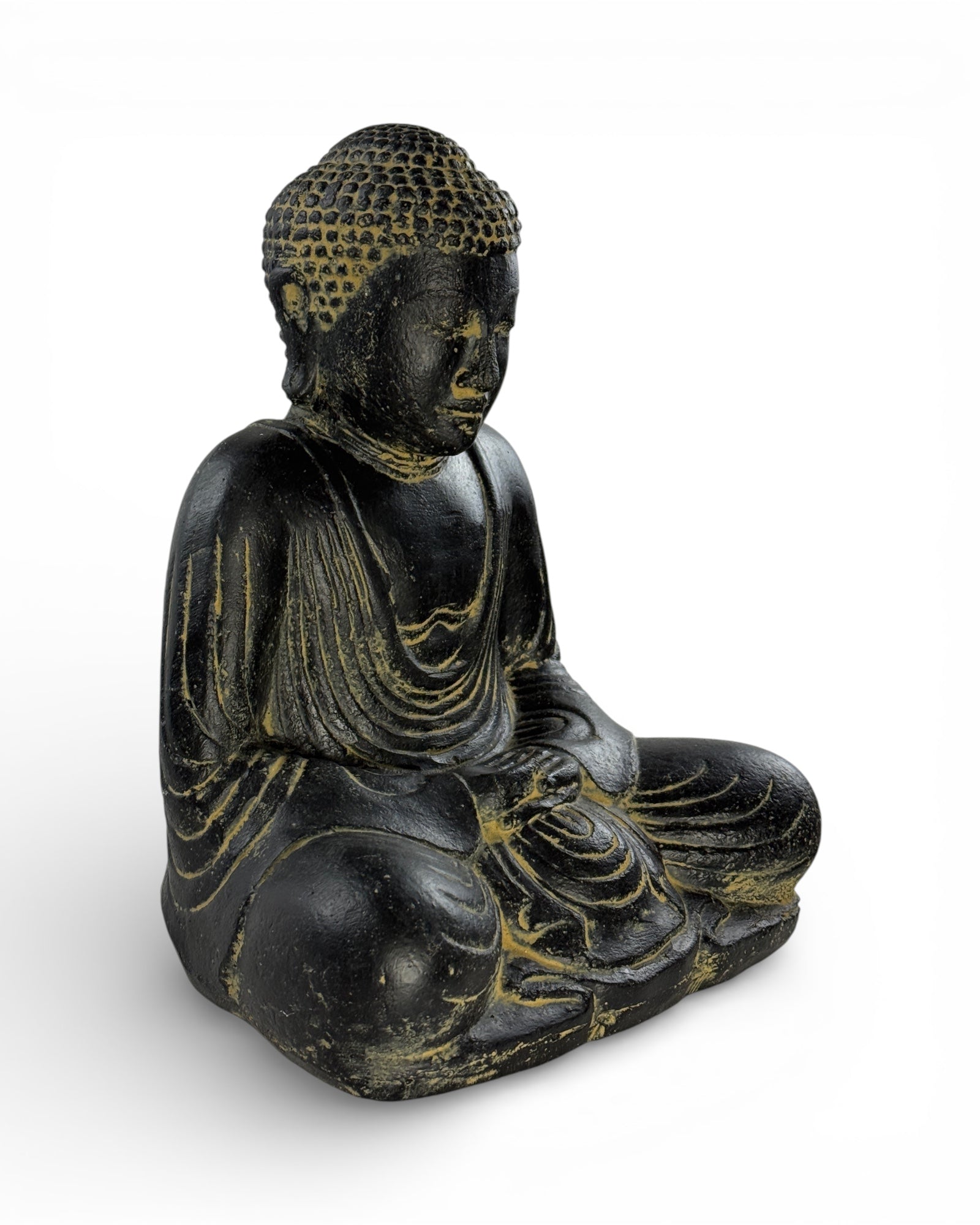 Buddha Skulptur sitzend – Garten Terrasse Balkon Deko – Wetterfest – Stein Figur Meditation schwarz gold – 30x26x20 cm