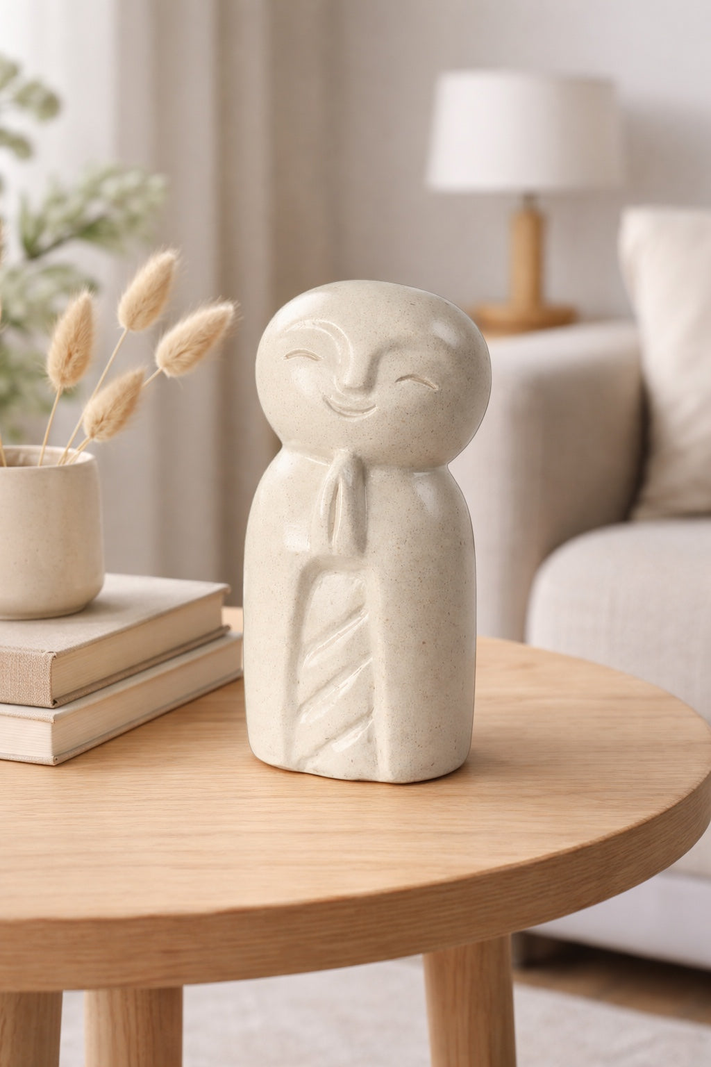 Jizo Figur – Garten Wohnzimmer Regal Deko – Wetterfest – Steinoptik Skulptur Zen Mönch hell – 21x9x10 cm