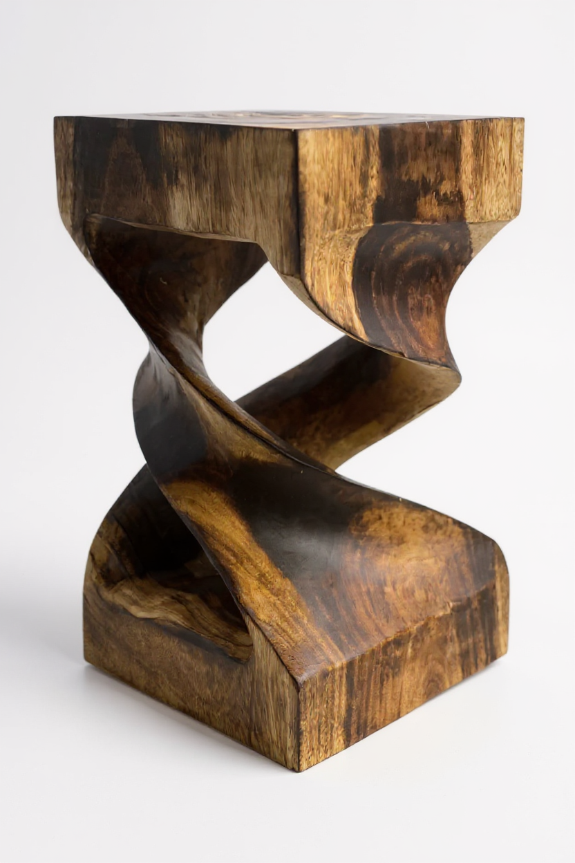 Holz Beistelltisch - Holzhocker Couchtisch - Flambierter Handgefertigt - Gedreht aus massivem Suarholz - 50x28x28 cm